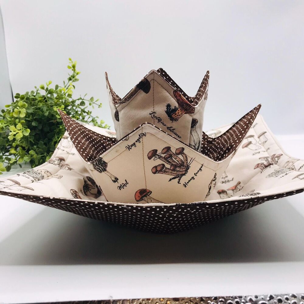 3 Piece Set of Microwave Cozies, Reversible Neutral Mushrooms, Plate, Bowl, Pint
